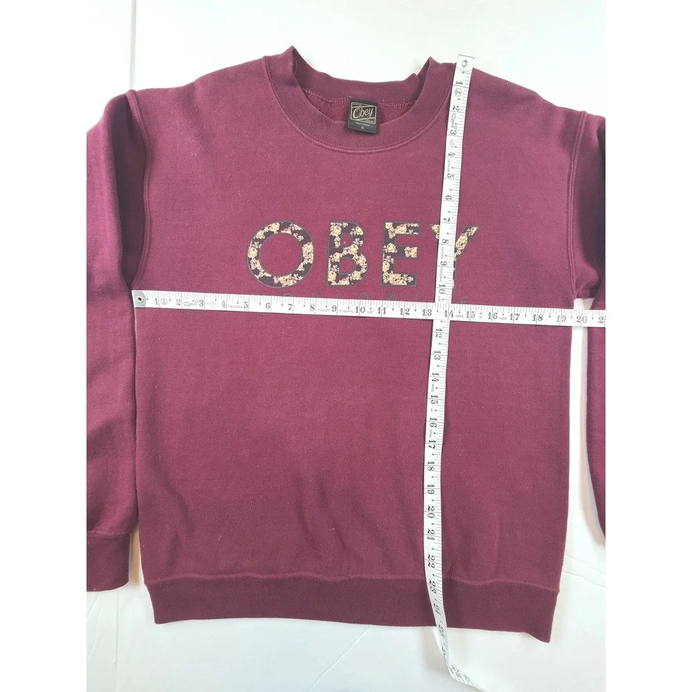Obey Worldwide Sweatshirt Womens Small Maroon Floral Logo Streetwear Crew Neck - Picture 4 of 5